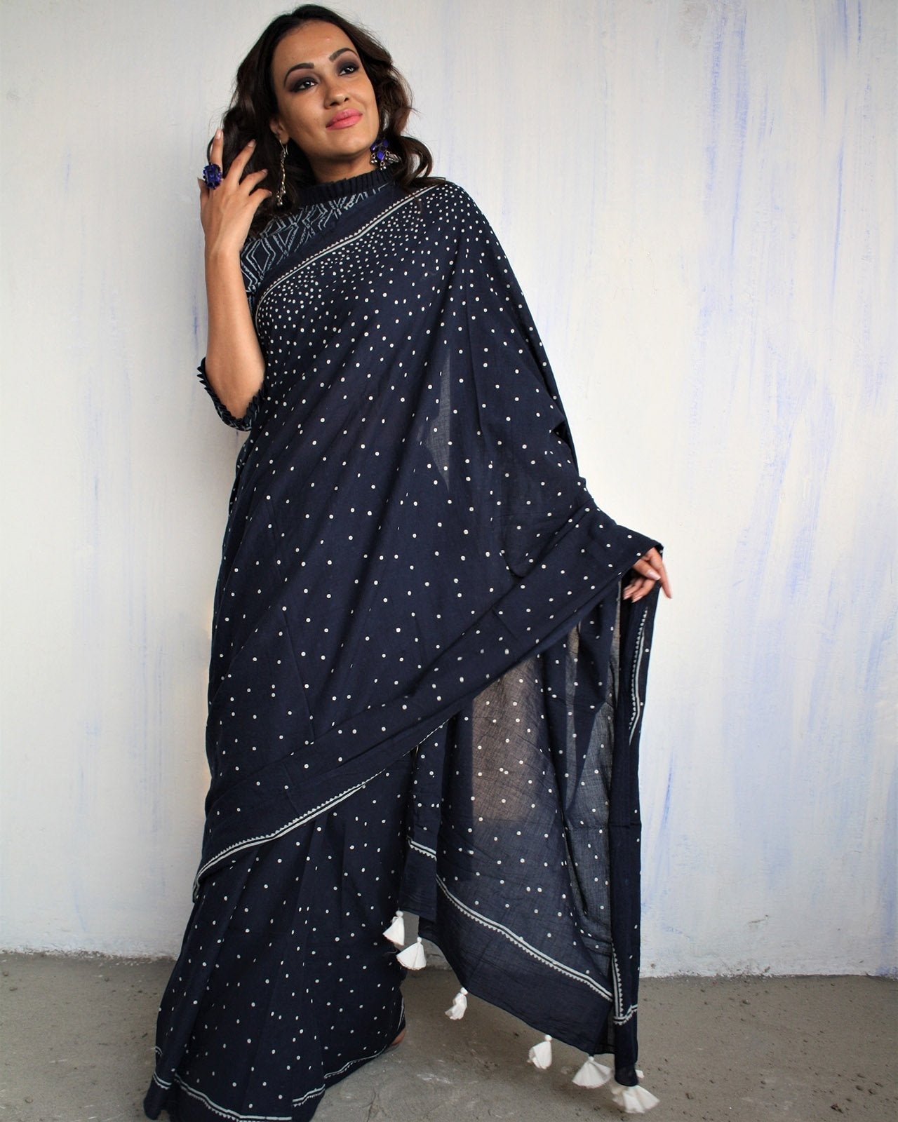 Blue Block Printed Cotton Mul Saree