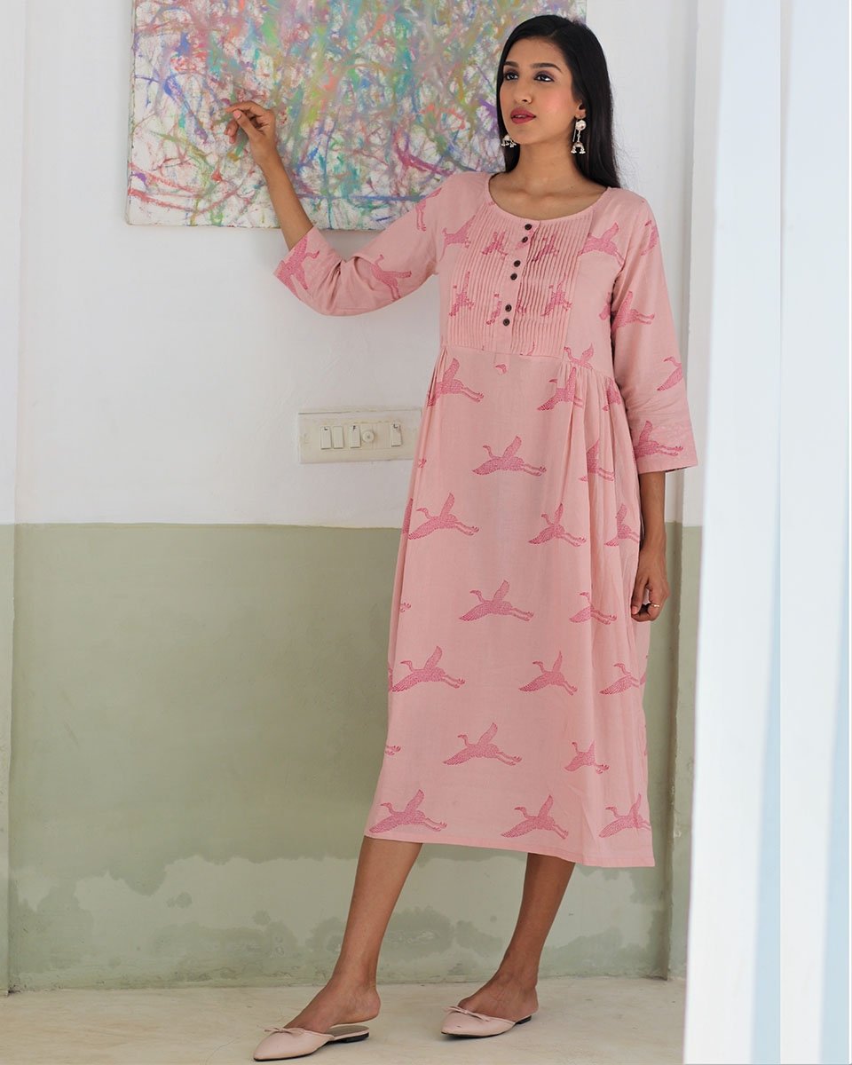 PINK HANDPRINTED COTTON DRESS