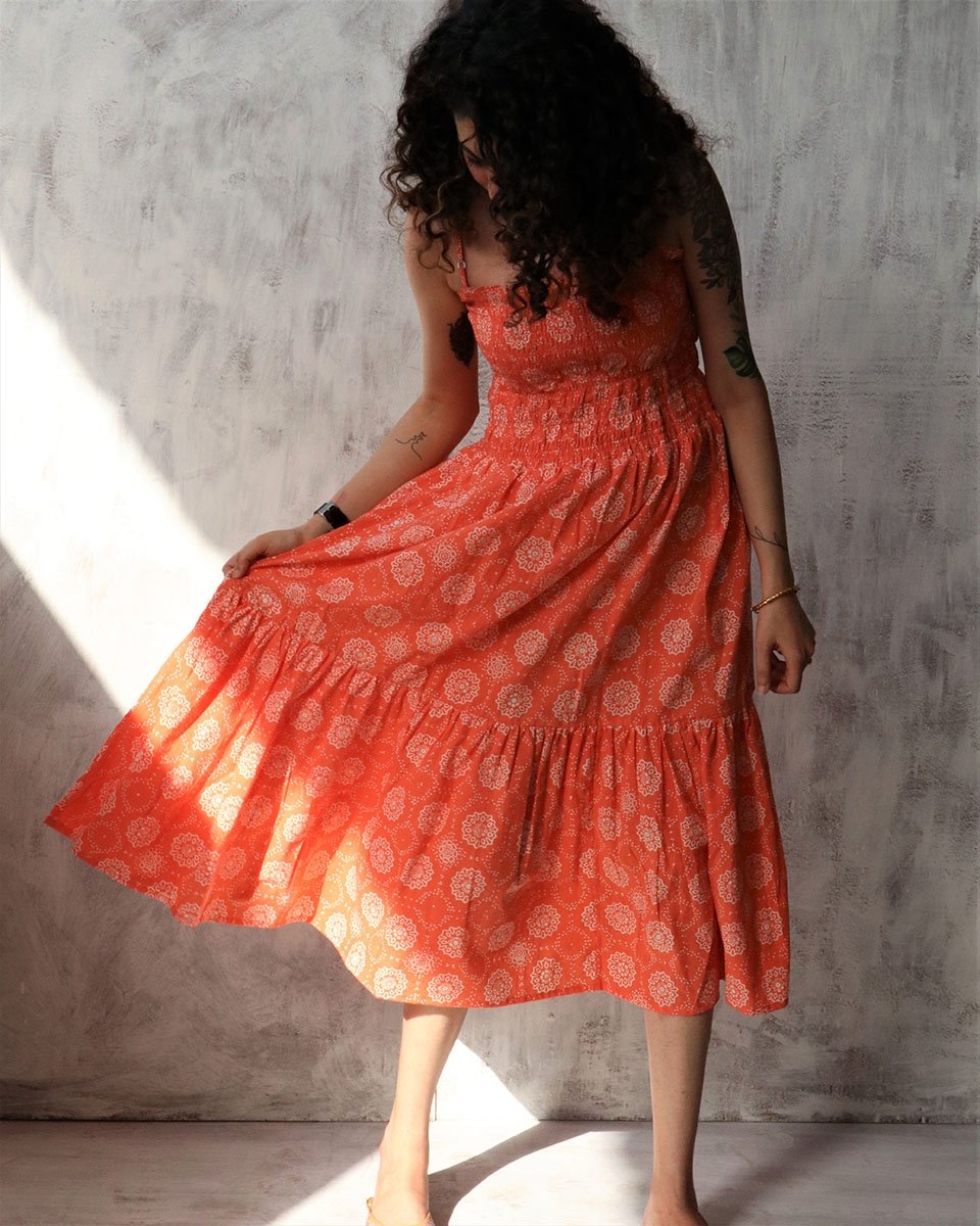 Coral blockprinted cotton string dress