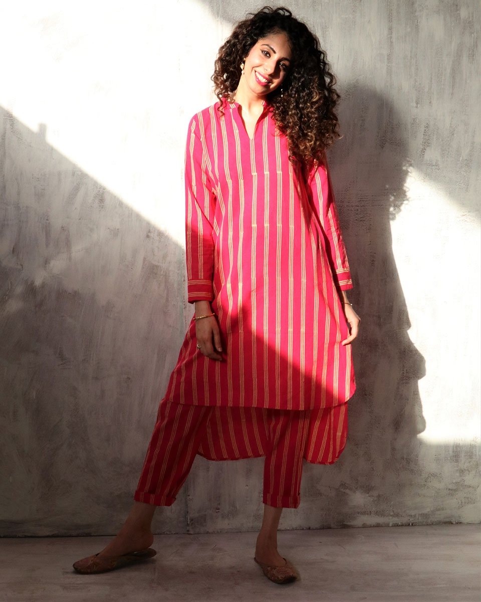 Chidiyaa Pink Cotton Kurti, Pant (Set of 2)