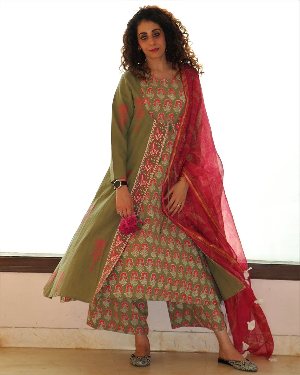 Olive silp and jacket Blockprinted Kurti Set of 2
