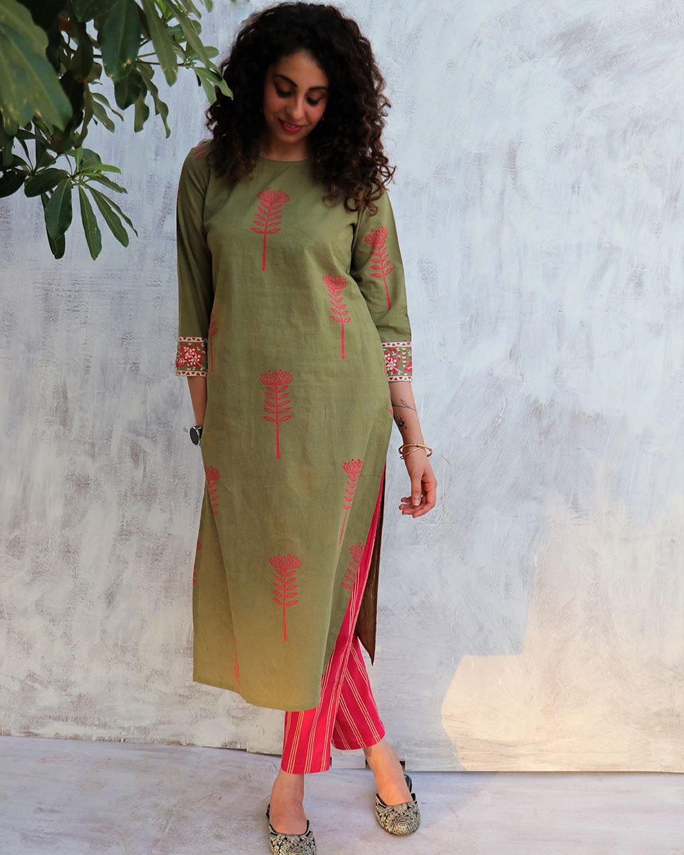 Chidiyaa Olive Cotton Kurta