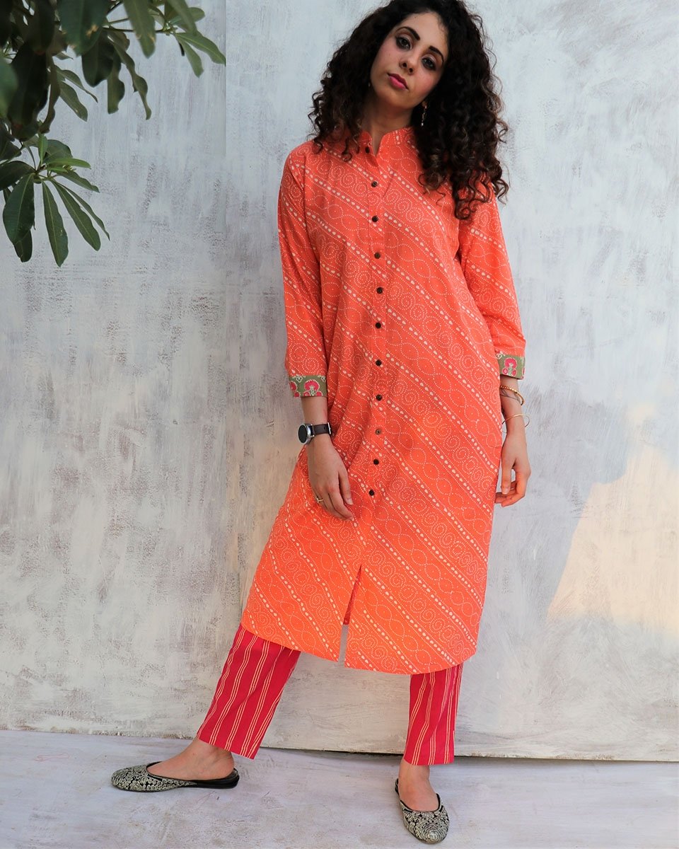 Coral blockprinted Kurti