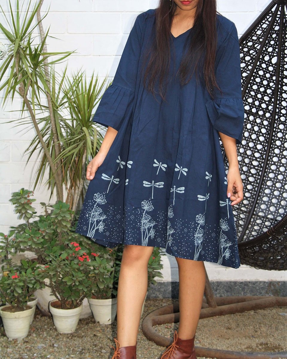 Blue Dragonfly Pleated Dress