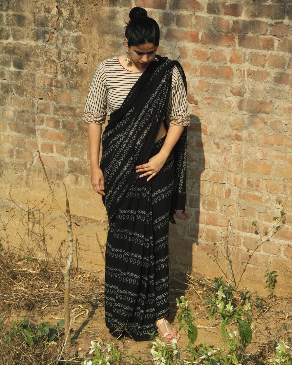 Black Block Printed Cotton Mul Saree