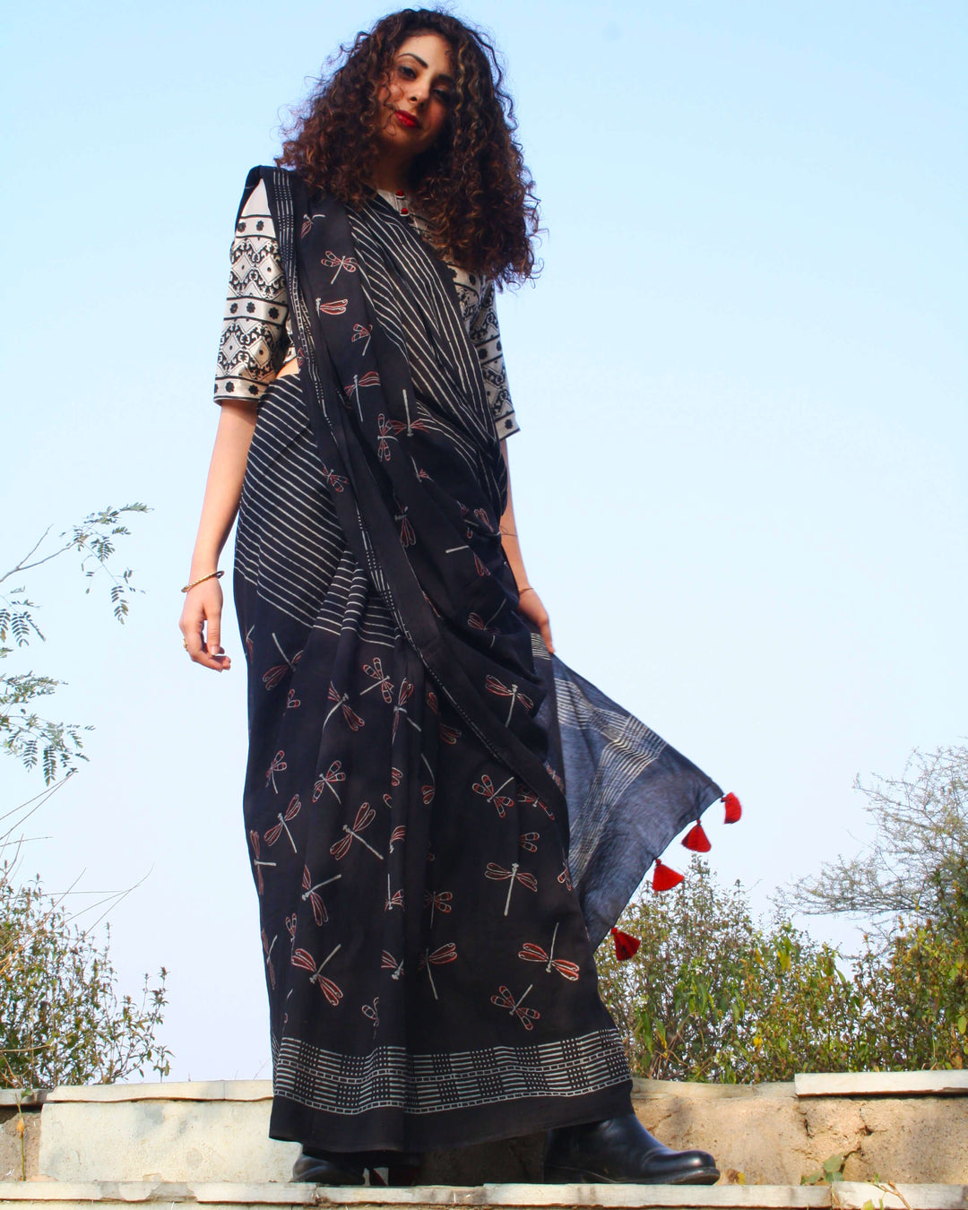 Black Dragonfly Block Printed Cotton Mul Saree