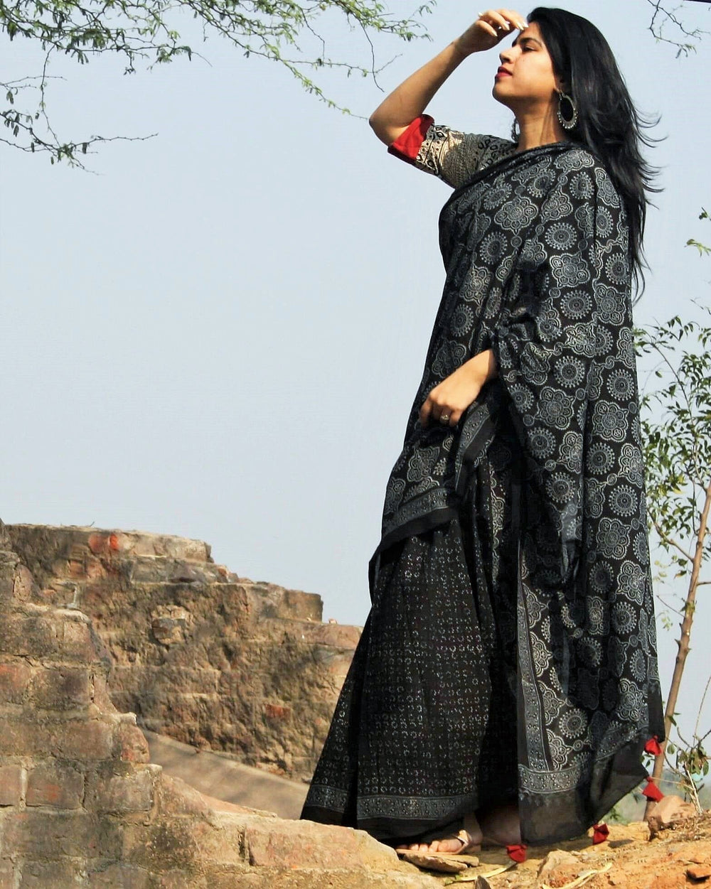 Black Block Printed Cotton Mul Saree