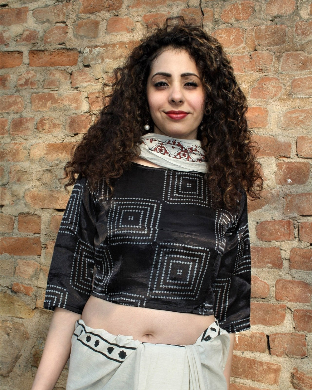 BLACK BLOCK PRINTED CROP TOP BLOUSE IN MASHRU SILK