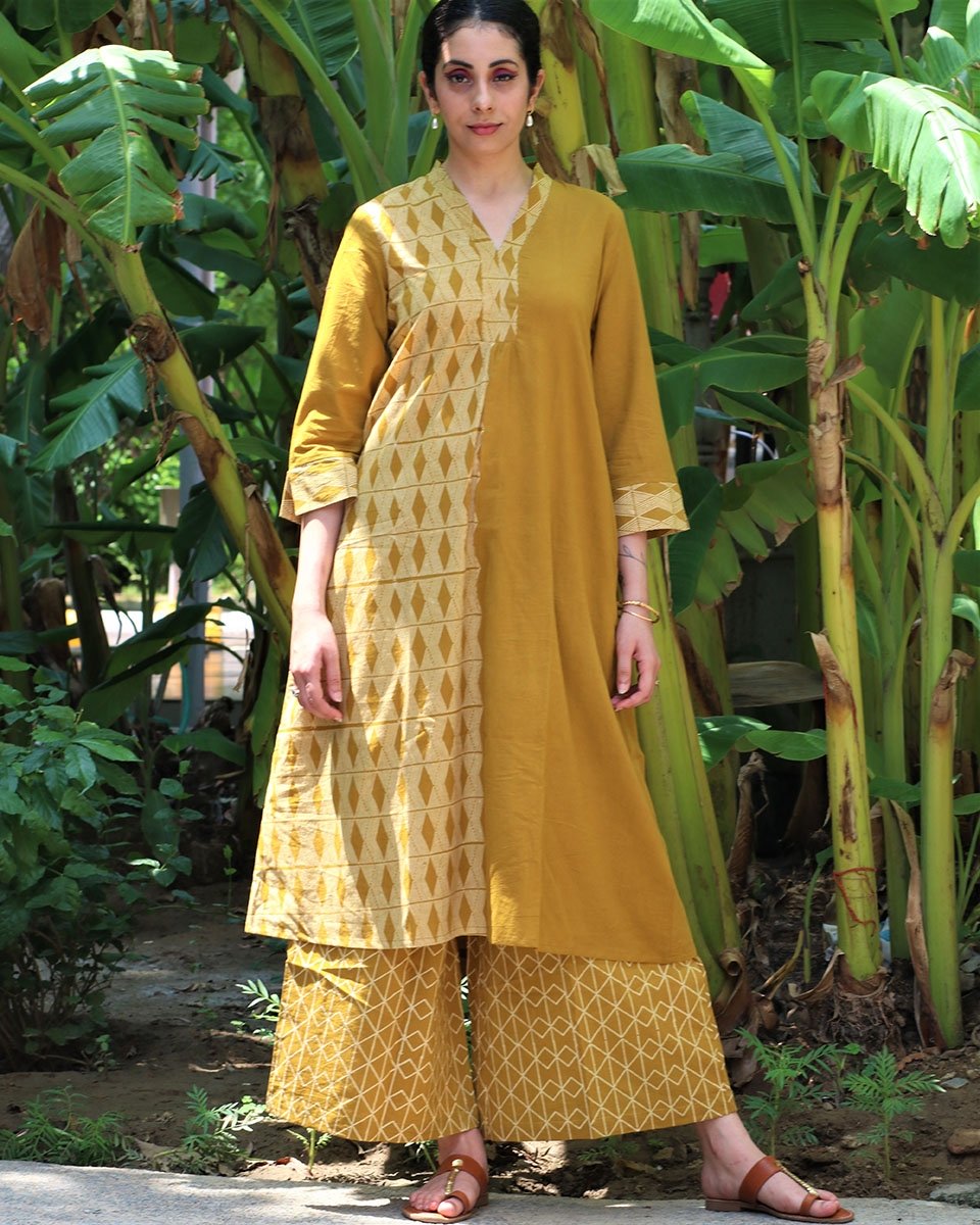 MUSTARD BLOCKPRINTED COTTON BOTTOMS
