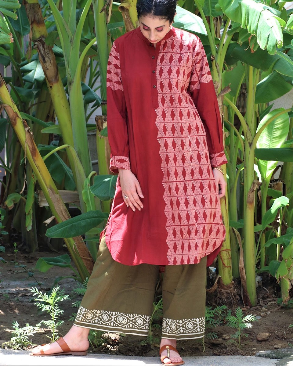 MAROON BLOCKPRINTED COTTON KURTA