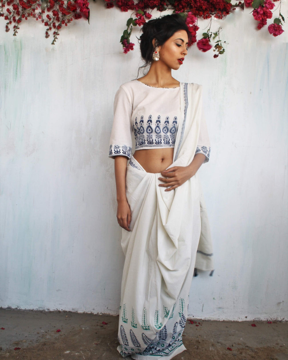 Ivory Blue-Green Block Printed Cotton Mul Saree