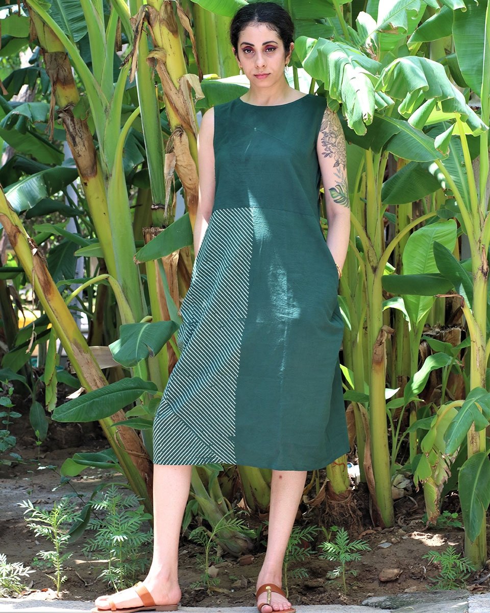 GREEN BLOCKPRINTED COTTON DRESS