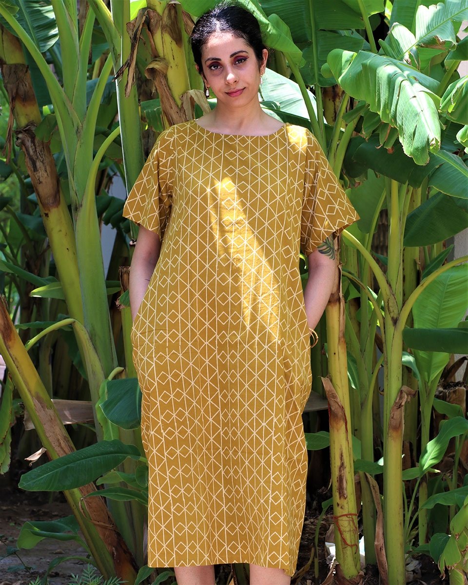 MUSTARD BLOCKPRINTED COTTON DRESS