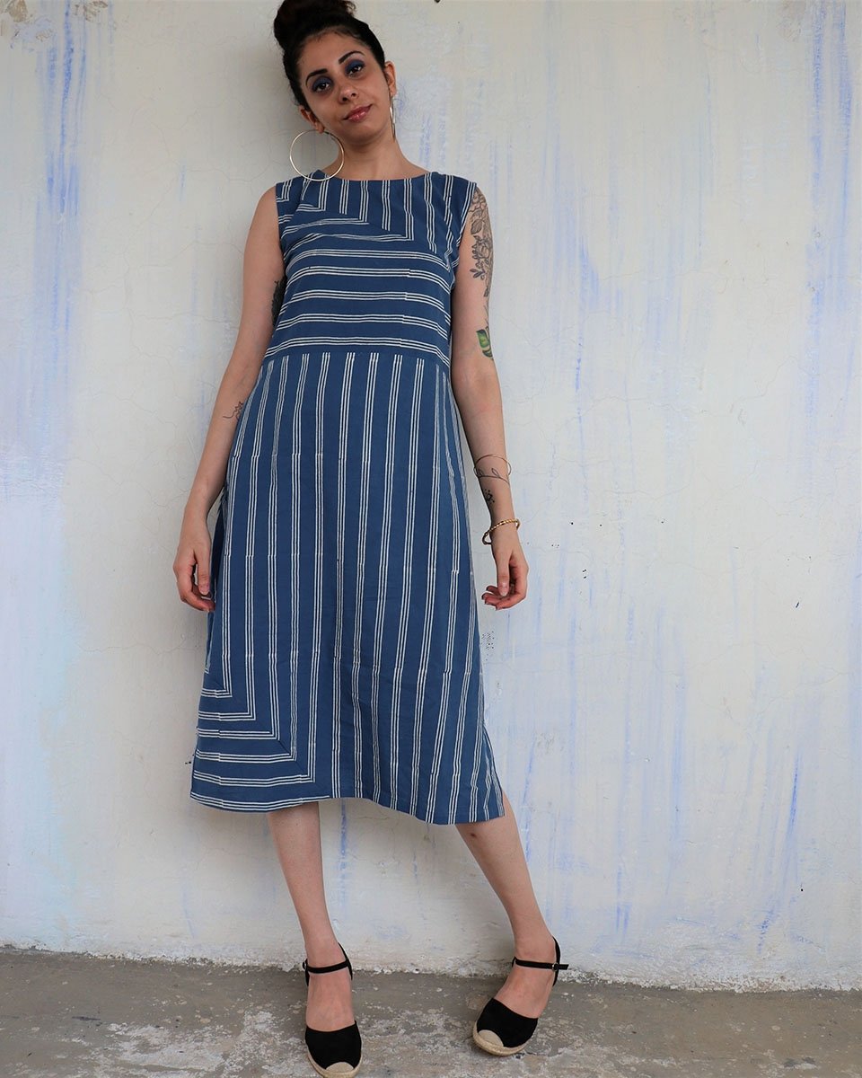 SKY BLUE BLOCKPRINTED COTTON STRIP DRESS