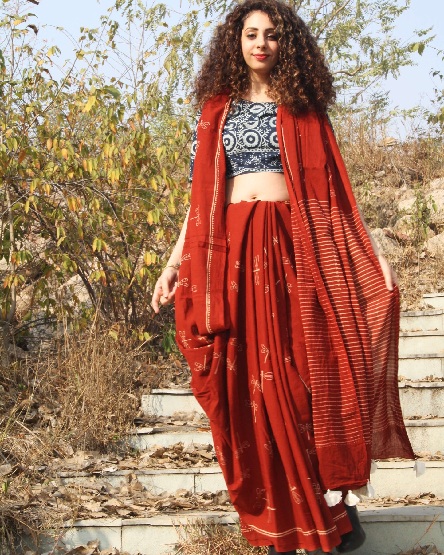 Maroon Dragonfly Block Printed Cotton Mul Saree