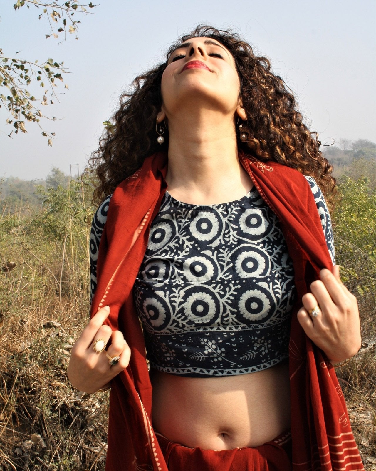 BLUE BLOCK PRINTED CROP TOP BLOUSE