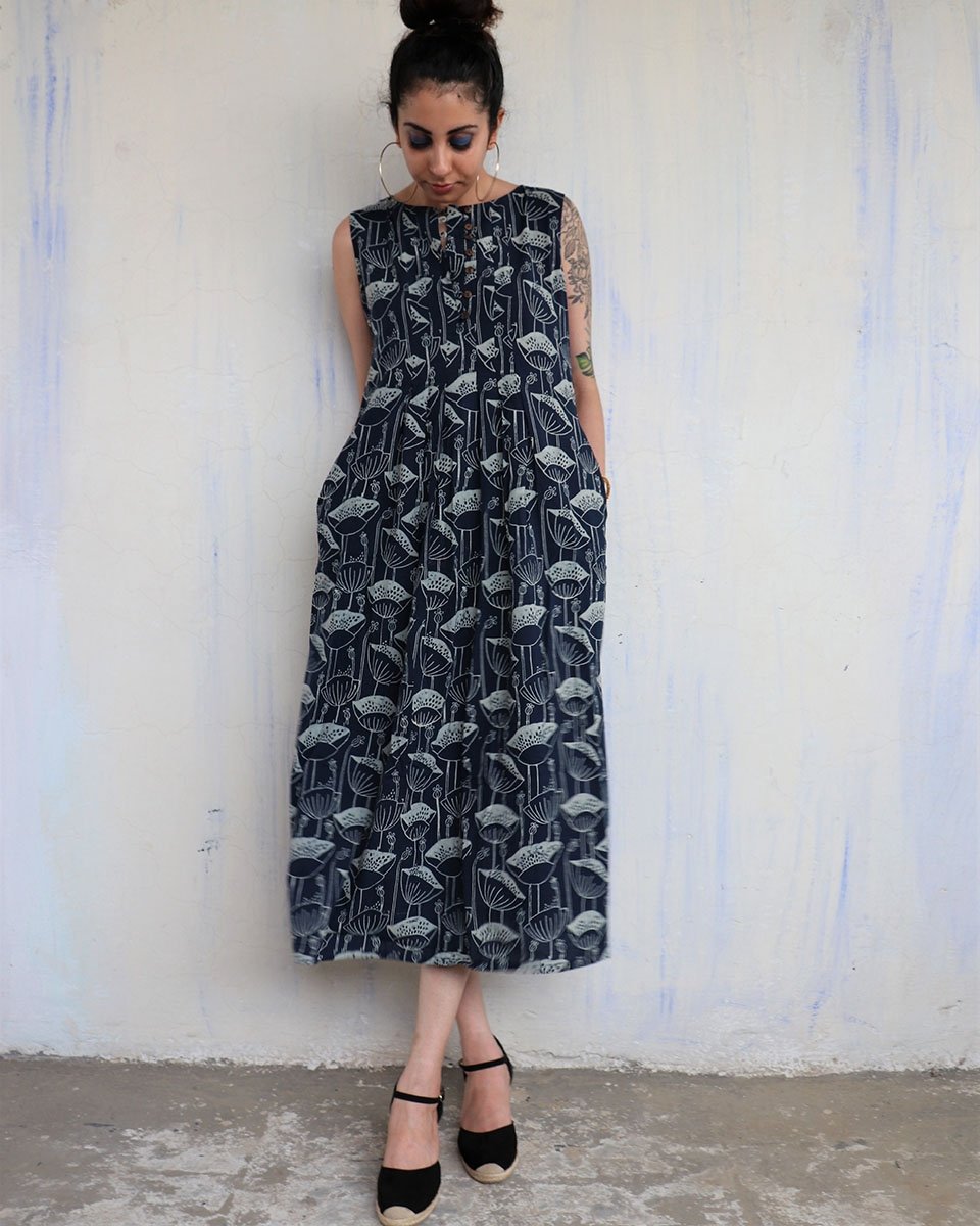 BLUE BLOCKPRINTED COTTON DRESS