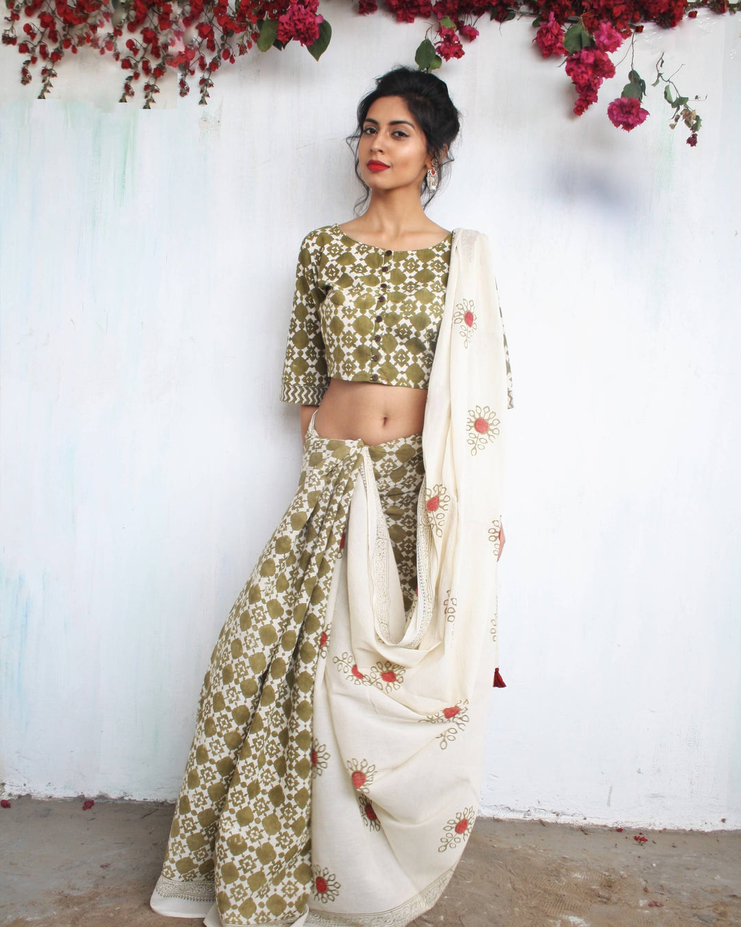 Ivory Olive Block Printed Cotton Mul Saree