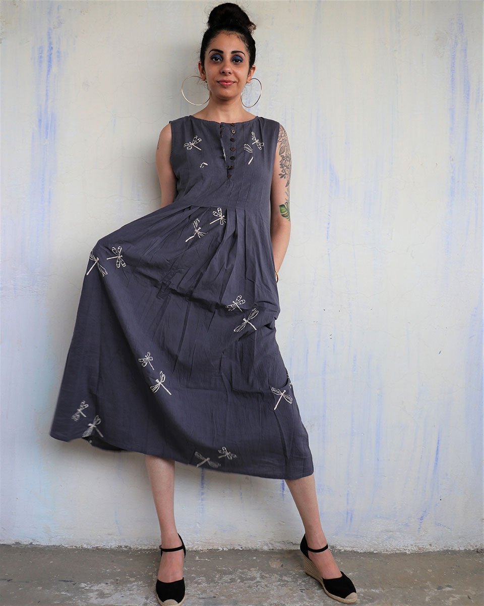 GREY DRAGONFLY BLOCKPRINTED DRESS