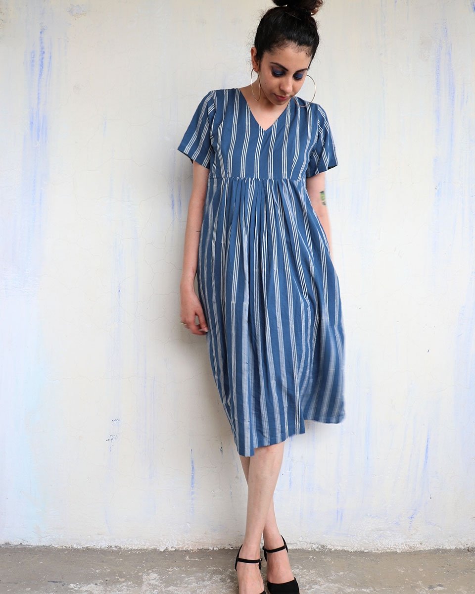 SKY BLUE BLOCKPRINTED COTTON STRIP DRESS