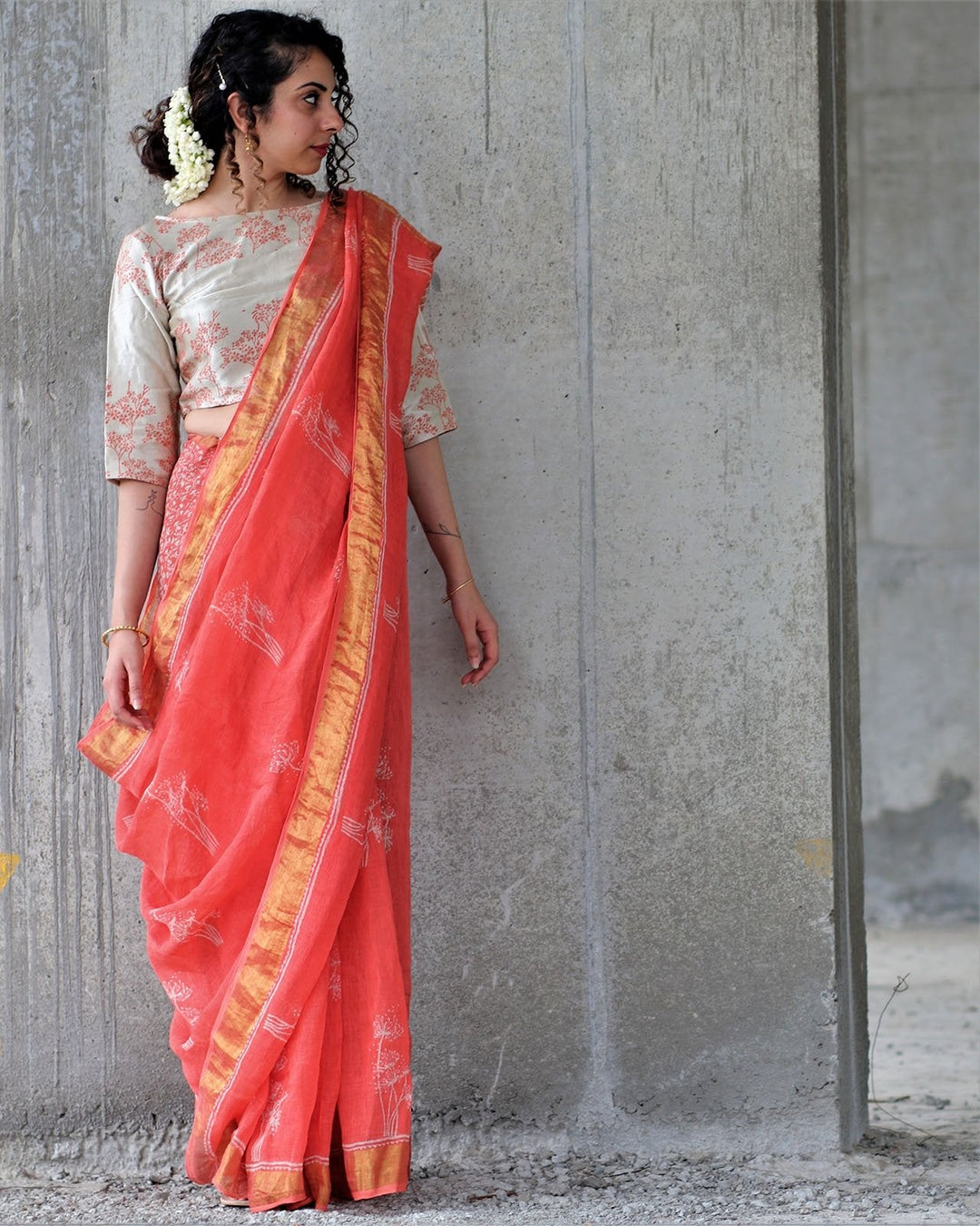 Coral Ivory Block Printed Saree Pure Handwoven Linen