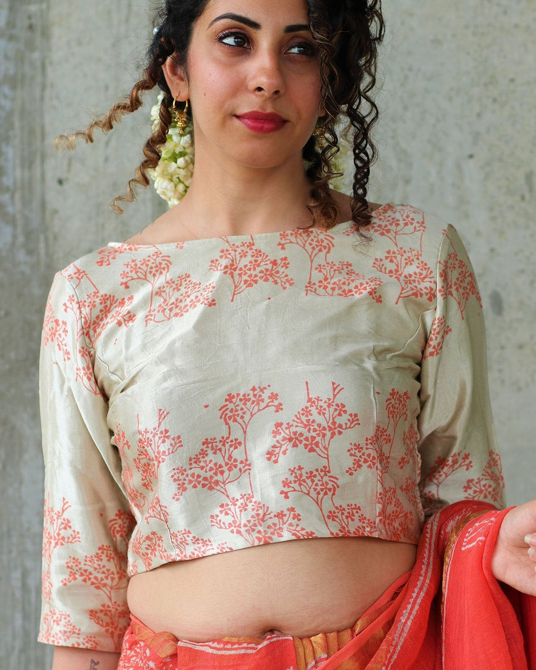 CORAL IVORY BACK BUTTON CROP TOP BLOUSE IN MUSHRU SILK