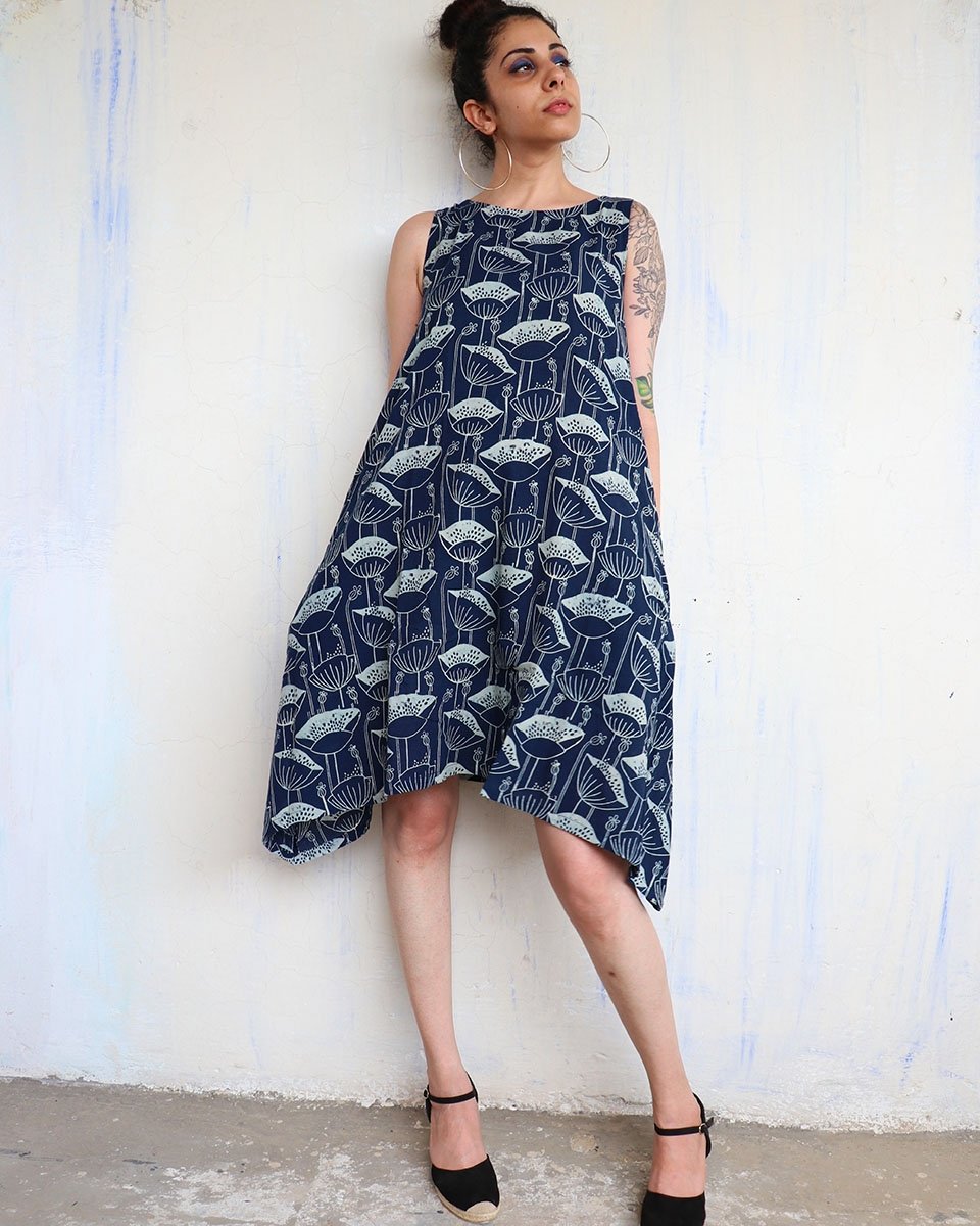 BLUE BLOCKPRINTED COTTON DRESS