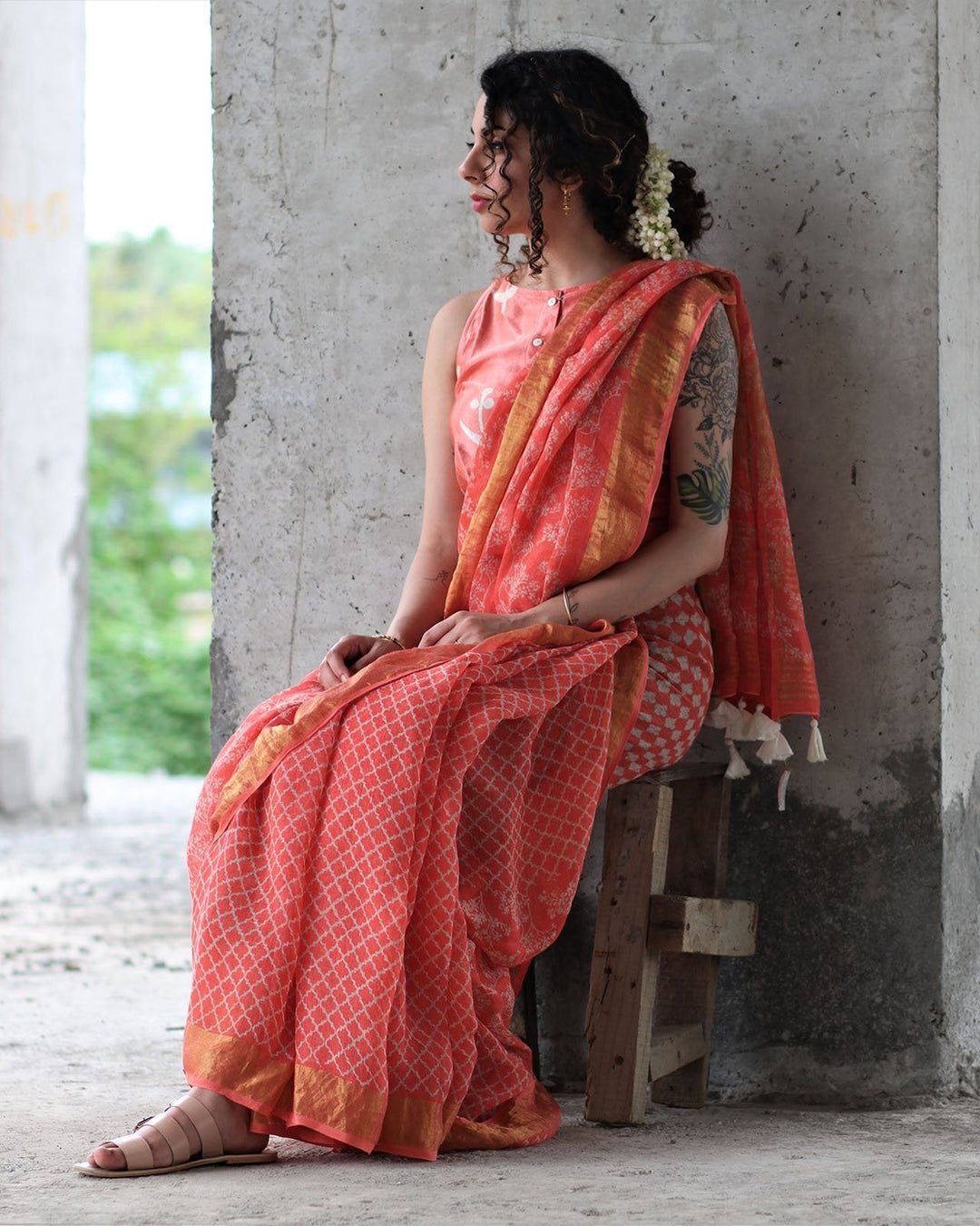 Coral Ivory Block Printed Saree Pure Handwoven Linen