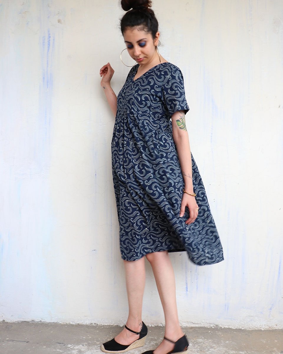 BLUE WAVES BLOCKPRINTED COTTON DRESS