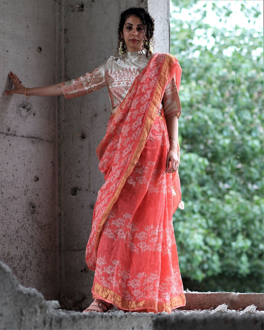 Coral Ivory Block Printed Saree Pure Handwoven Linen