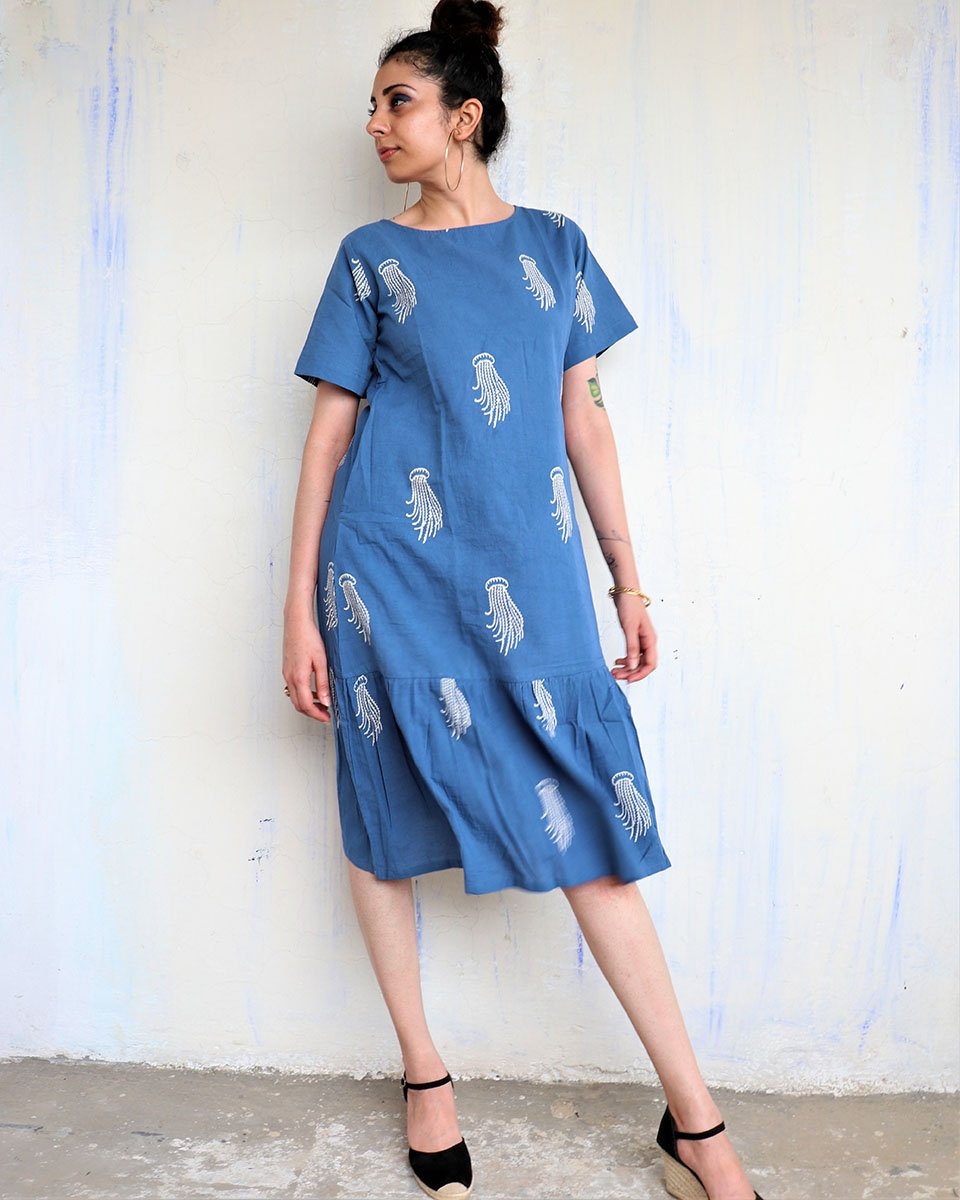 SKY BLUE JELLYFISH BLOCKPRINTED COTTON DRESS