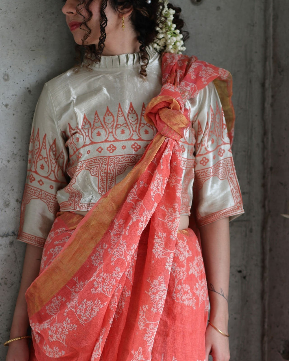 CORAL IVORY BACK CROP TOP BLOUSE WITH FRILL NECK IN MUSHRU SILK