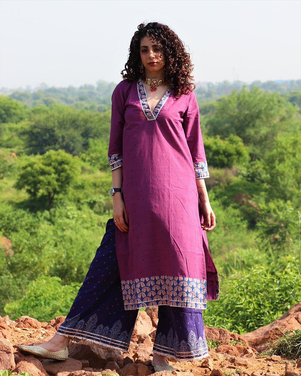 MAUVE MOR HANDPRINTED V NECK KURTI