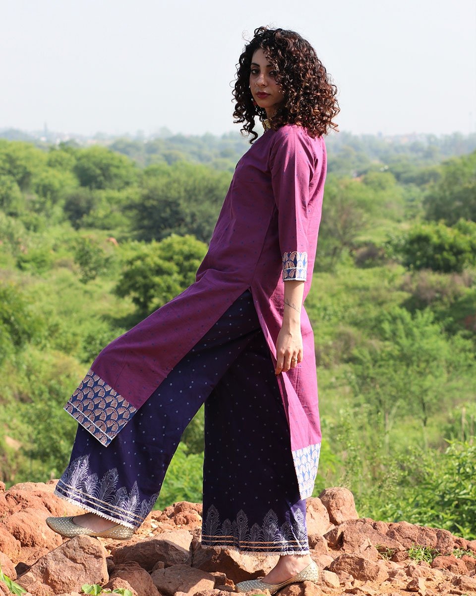 BLUE HANDPRINTED BOTTOMS WITH GOTA DETAILS