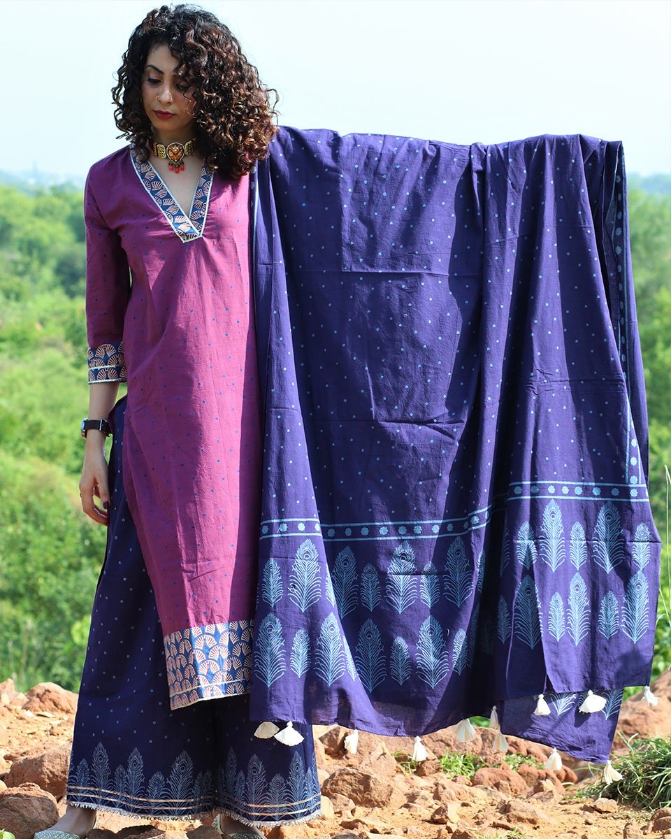 BLUE MOR BLOCKPRINTED COTTON MUL DUPATTA
