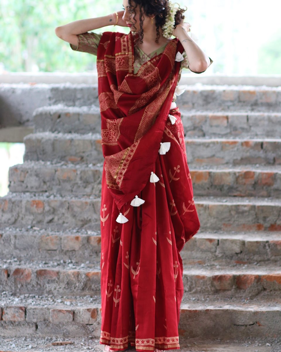 Maroon Gul Block Printed Pure Chanderi Saree