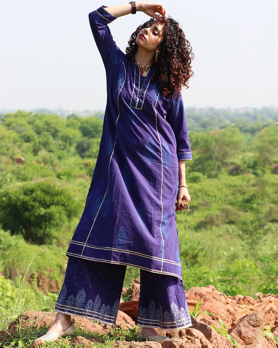BLUE HANDPRINTED KURTI WITH GOTA DETAILS