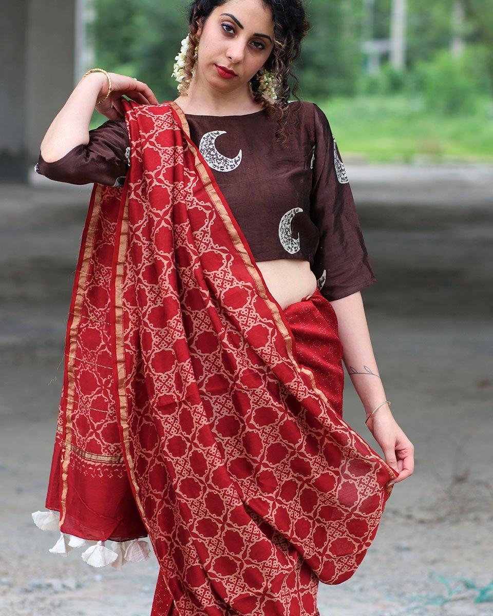 Maroon Jal Block Printed Pure Chanderi Saree