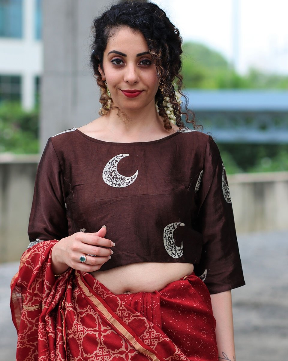 BROWN CRESENT BLOCK PRINTED CROP TOP BLOUSE IN MASHRU SILK