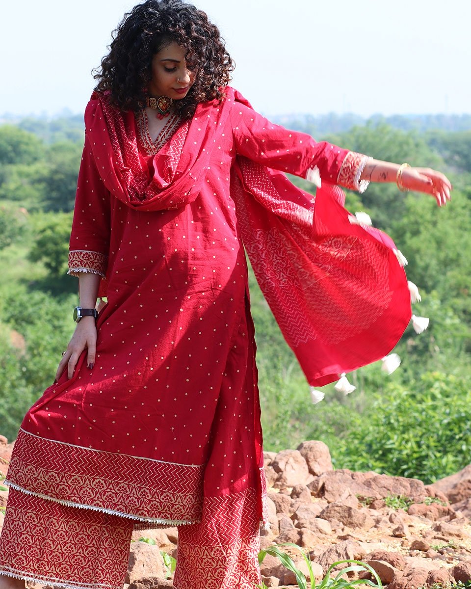 RED MOR BLOCKPRINTED COTTON MUL DUPATTA