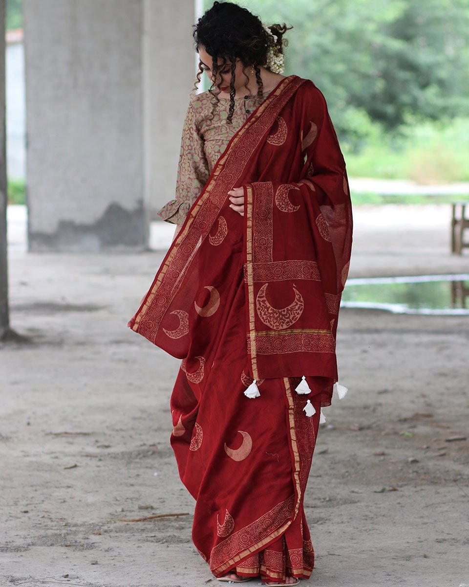 Maroon Cresent Block Printed Pure Chanderi Saree