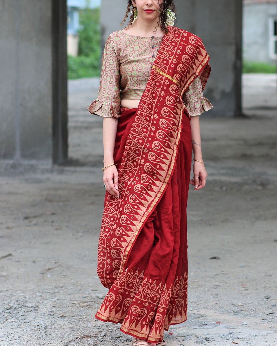 Maroon Bordered Block Printed Pure Chanderi Saree