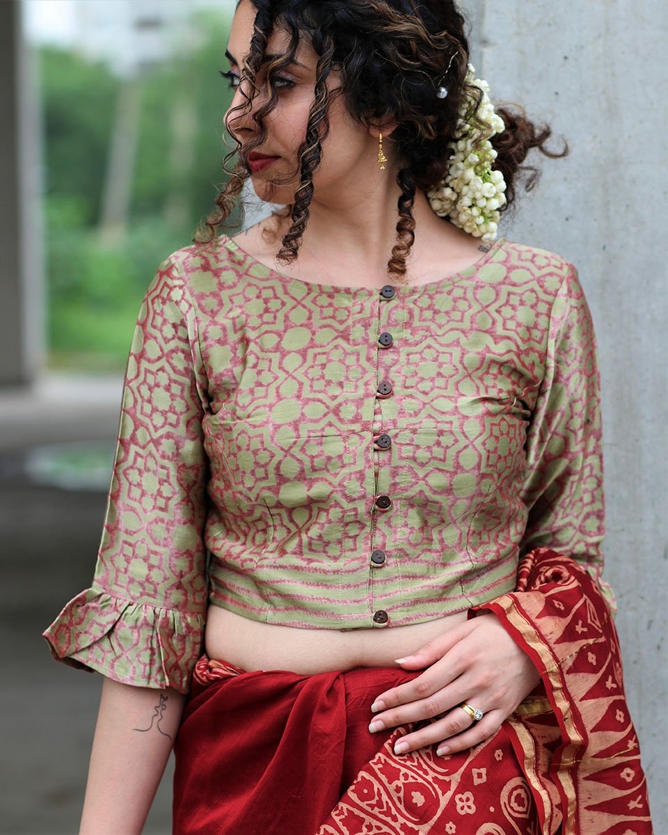 SAB GREEN BLOCK PRINTED CROP TOP BLOUSE WITH BELL SLEEVES IN MASHRU SILK