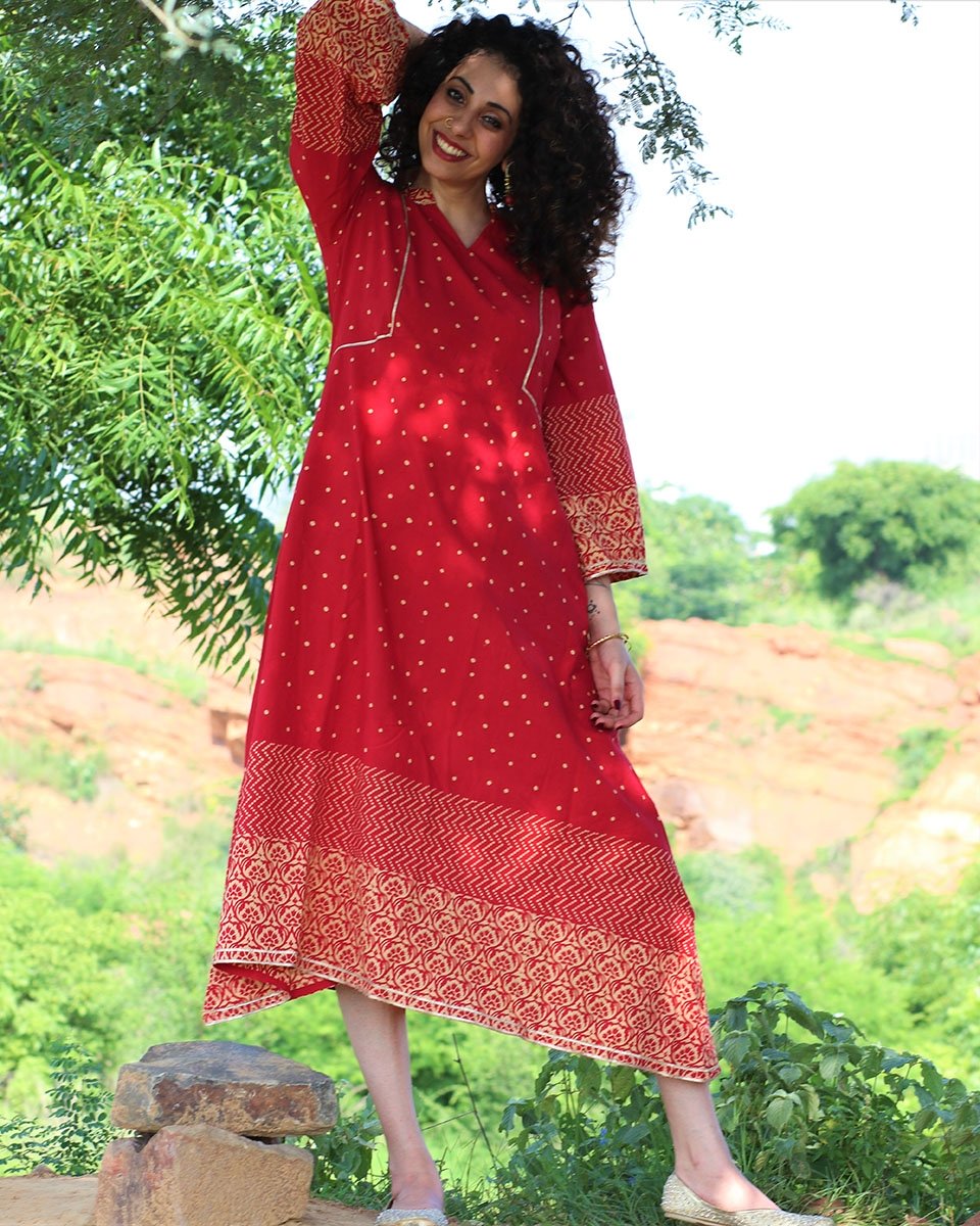 RED HANDPRINTED DRESS WITH GOTA DETAILS