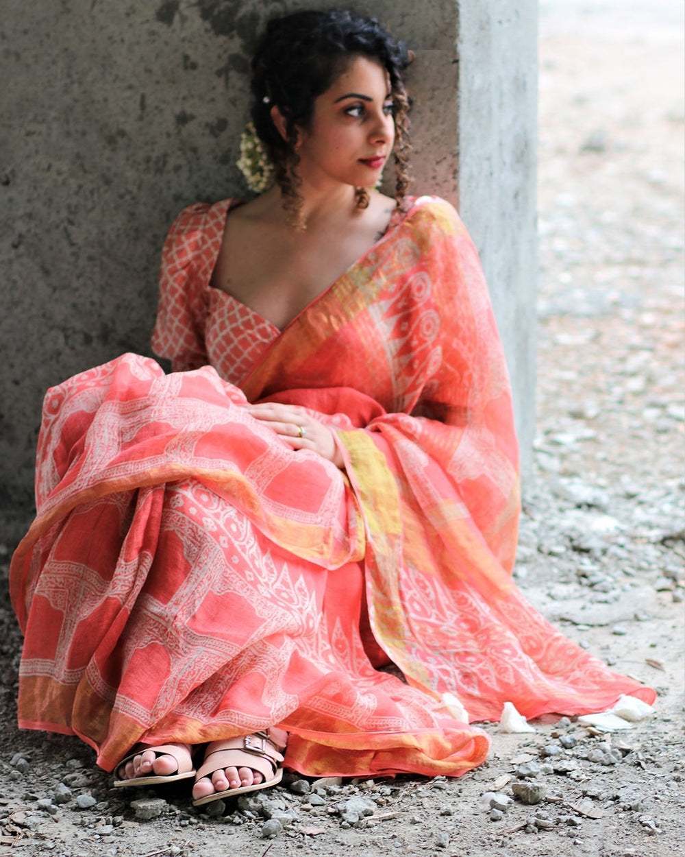 Coral Ivory Block Printed Saree Pure Handwoven Linen