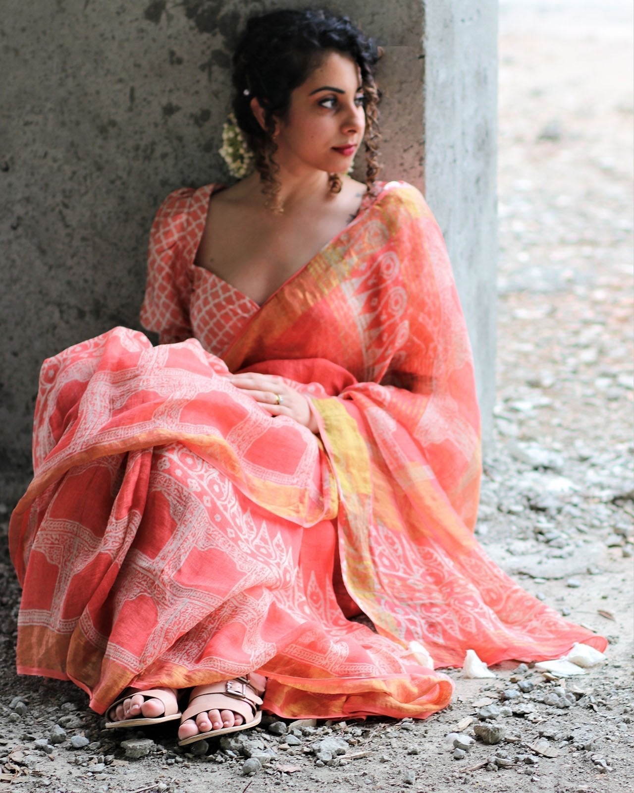 Coral Ivory Block Printed Saree Pure Handwoven Linen