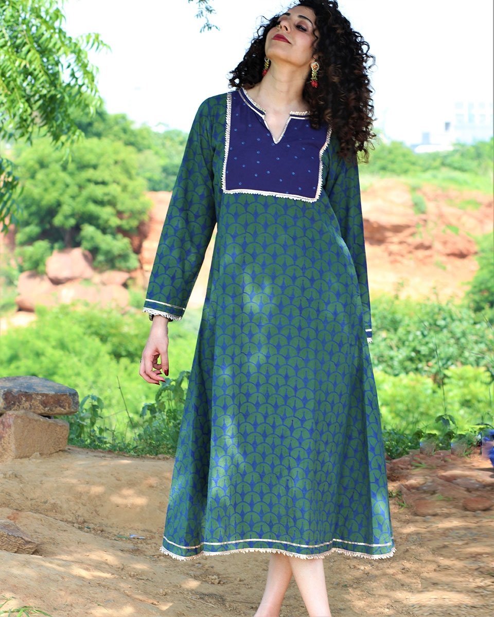 GREEN HANDPRINTED DRESS WITH GOTA DETAILS
