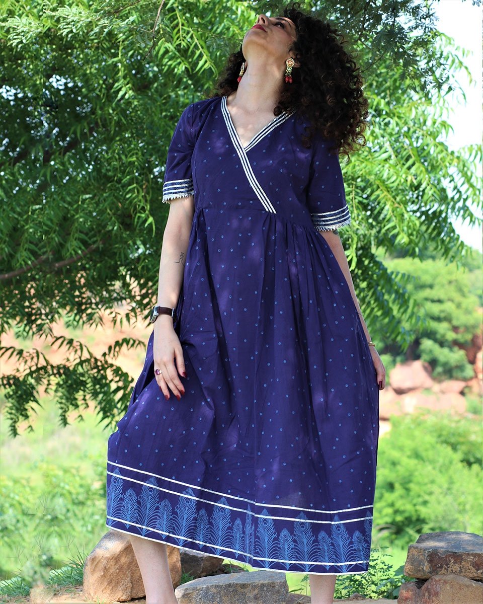 BLUE HANDPRINTED DRESS WITH GOTA DETAILS
