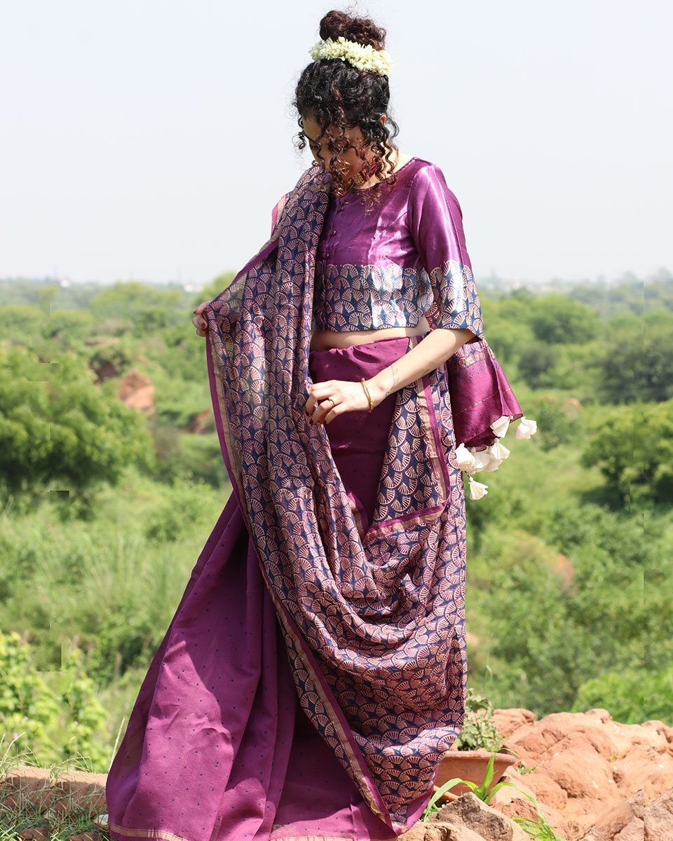 Mauve Block Printed Pure Chanderi Saree