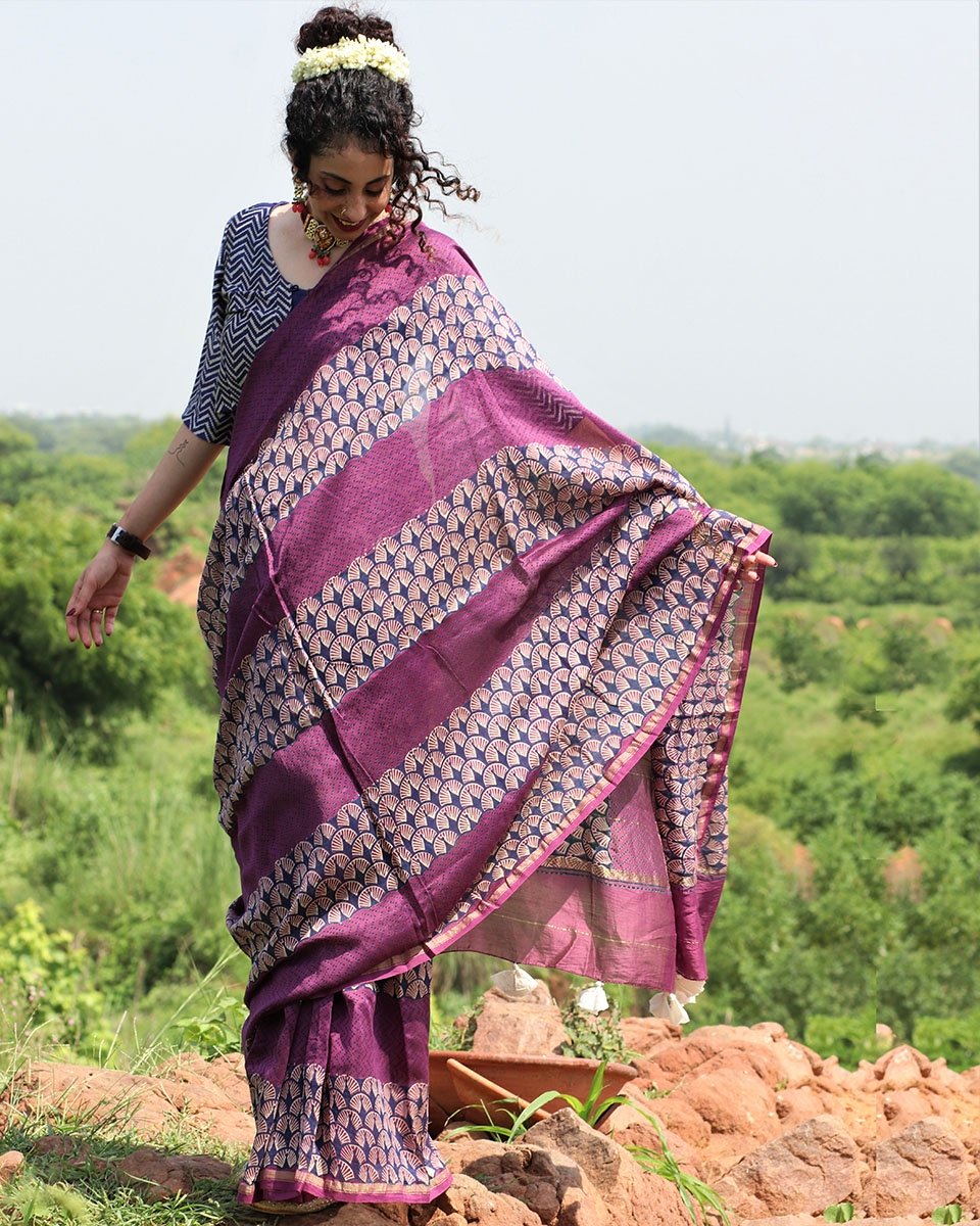 Chidiyaa Purple Linen Saree with Unstitched Blouse
